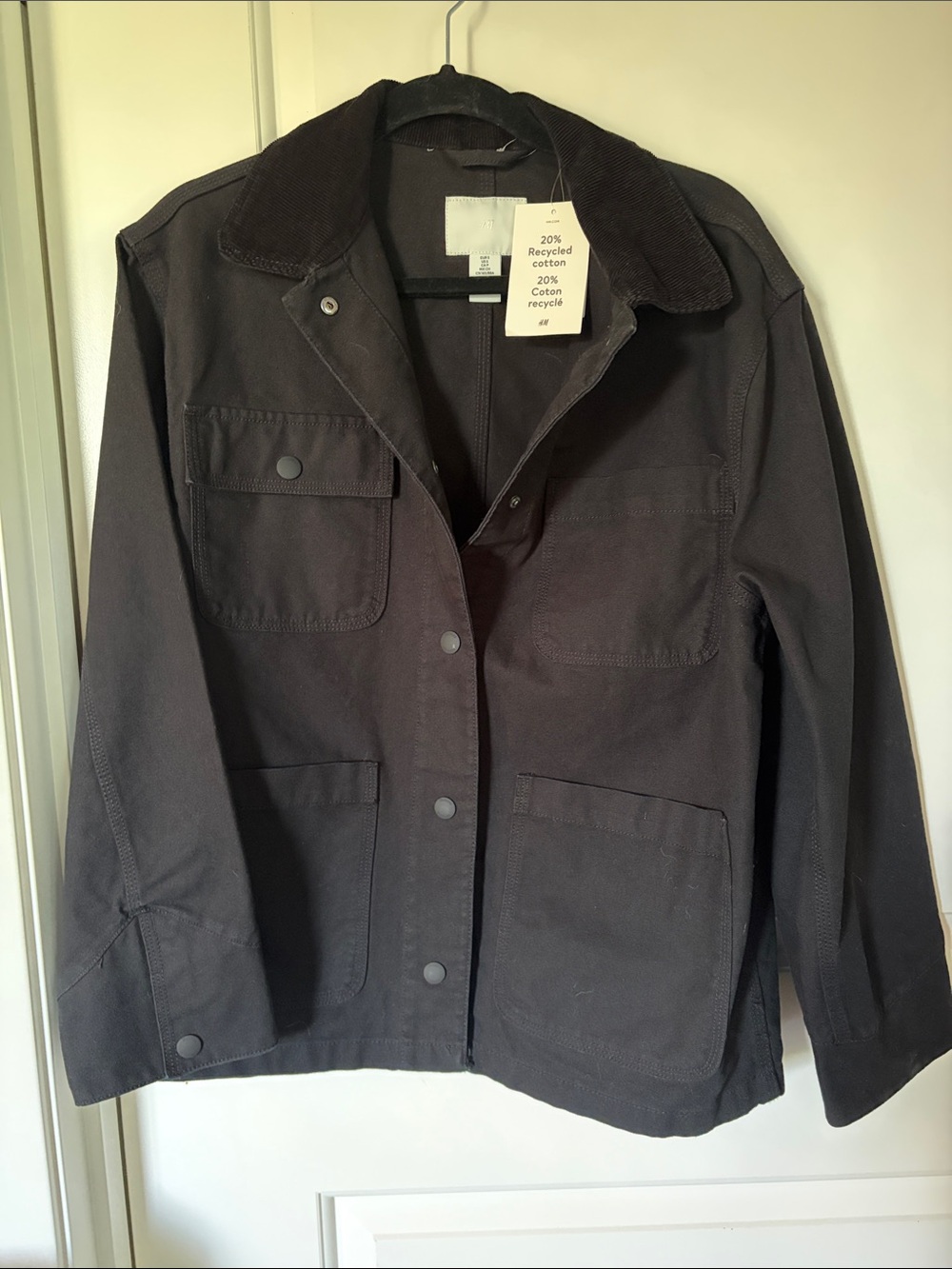 H&M Black Cotton Blend Jean Jacket with Corduroy Collar